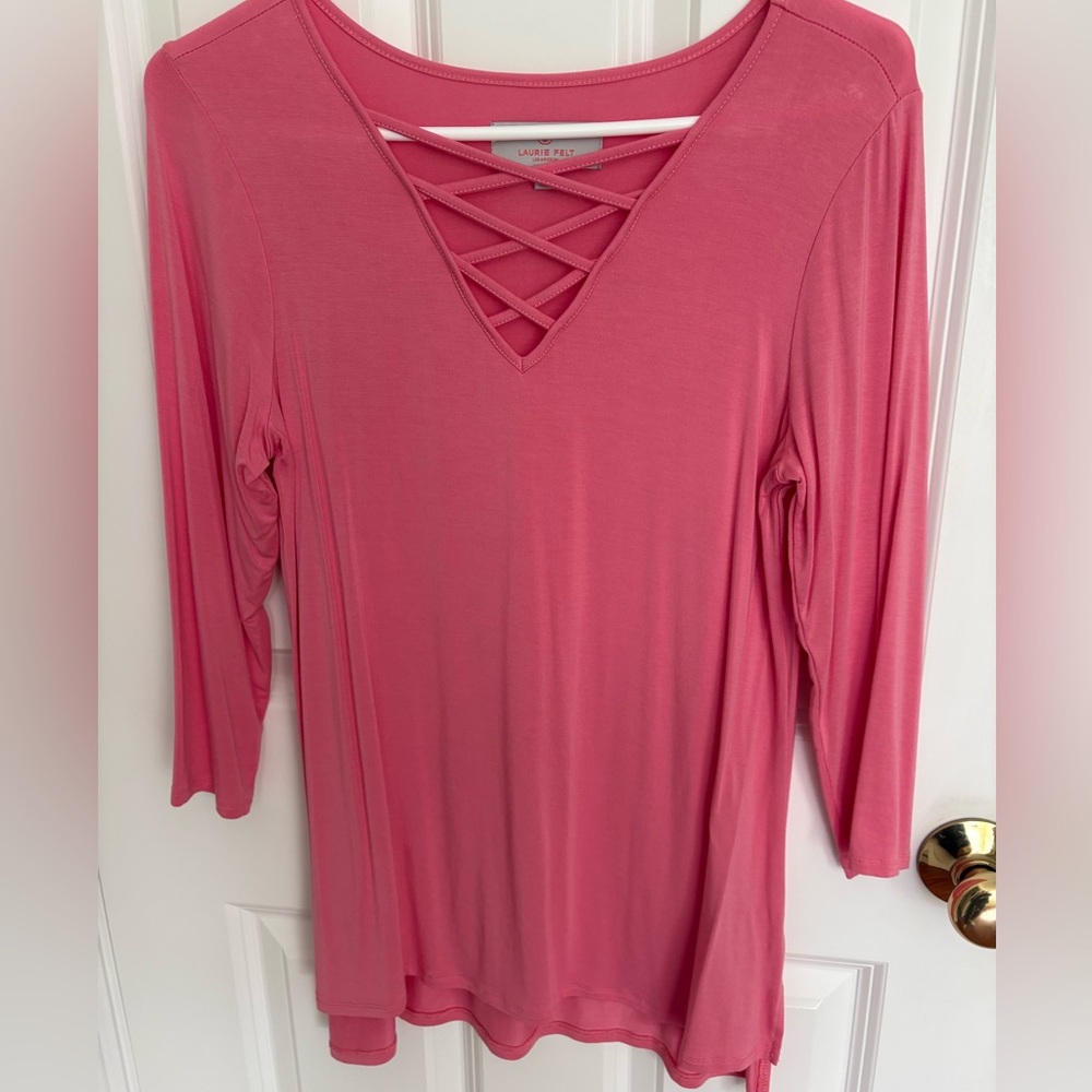 Laurie Felt Pink Elbow Sleeve Top with Crisscross Neckline
